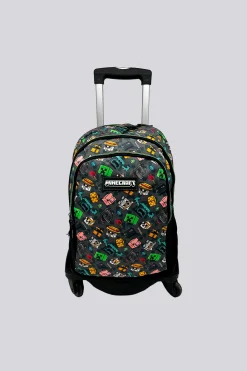 Mochila Escolar Minecraft Pixel Con Carro Negro 4 Ruedas Giratorias